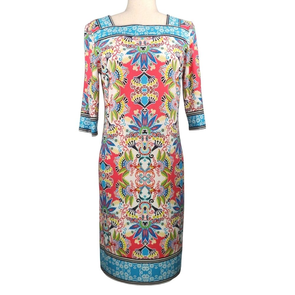 Sandra Darren Midi Dress Medium Colorful Geo Tropical Print Artsy Resort Stretch